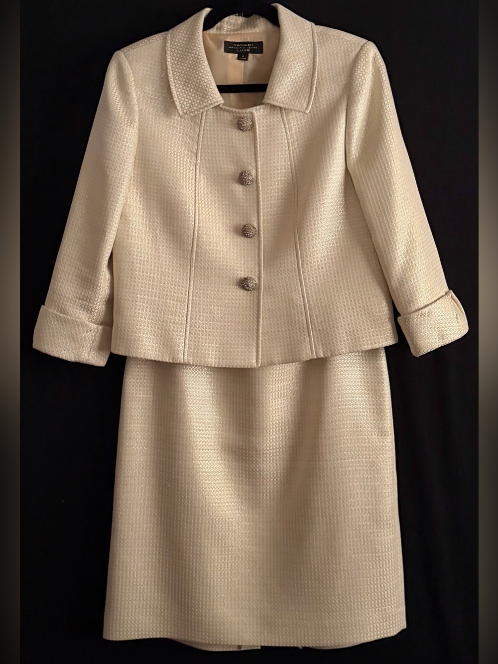 Tahari Luxe Cream Gold Metallic Woven Skirt Suit 2Pc Vtg Evening Blazer Skirt S8
